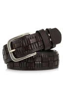 Brown woven leather belt with silver buckle on a white background, Obroi