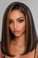 Golden Brown Highlights Straight Bob Wig With Drawstring Wear Glueless Human Hair Wig
