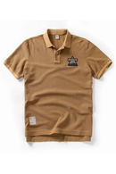Brown polo shirt with a logo on a white background, Obroi