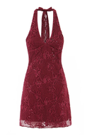 Backless Halter Mini Dress Women Sequin Flocking  A-line Party Dresses Summer