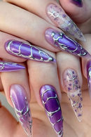 Purple Gradient Flower Nails Press on Long Stiletto Nails Silvery Line Wearable Full Cover Nails Tips