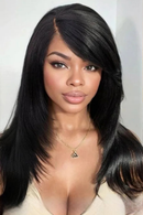 20 Inch Layered Yaki Straight Human Hair Wig with Bangs Glueless 7x5 Lace Closure Wig