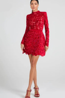 Red lace dress worn by a model on a white , Obroi