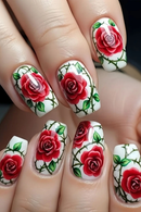 Nails with red rose design on a white background, Obroi