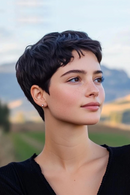 Woman with short black hair looking to the side with a blurred natural landscape in the background, Obroi