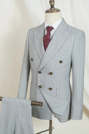 Gray suit with a red patterned tie on a mannequin against a white background, Obroi