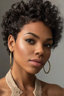 Woman with styled hair wearing gold hoop earrings against a neutral background, Obroi