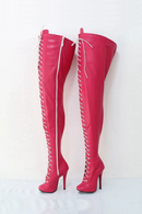 Pink high-heeled boots with lace-up design on a white background, Obroi
