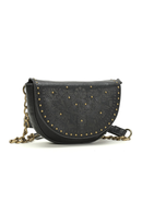 Black studded half-moon bag with chain strap on a white background, Obroi