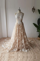 Champagne Bohemia Wedding Dress Lace Halter Backless Sexy Open Back Boho Bridal Gowns