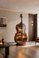 Wooden cello-shaped wine cabinet in a modern living room, Obroi