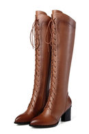 Women's Leather Knee High Boots With Thick Heels Warm Fleece Lining Casual Shoes