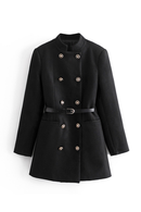 Metal Double-Breasted Belted Woolen Coat