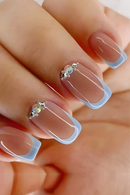 Blue Side False Nails Wearable Rhinestone Design  Nails Short Nail Tips Press On Nails