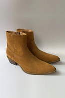 Pair of brown suede ankle boots on a white background, Obroi