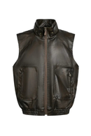 Double Layer Stand Collar Leather Waistcoat Men Winter Fleece Lined Dark Sleeveless Leather Jacket