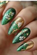 Green Press On Naills Flower Gold Four Leaf Pattern Nails Glossy Almond Detachable Nails