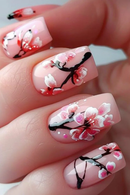 Floral Press on Nails Short Square Gel Fake Nails with Butterfly Flower Square Glitter False Nails Detachable Nail