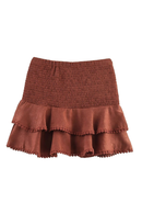 Brown skirt with smocked waistband and ruffled layers on a white background, Obroi