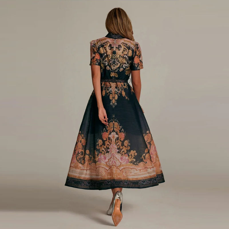 Retro Court Paisley Dress Women Short Sleeve Floral Long Dress Elegant Classy