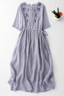 Spring Summer Fresh Linen Blended Dress for Women Floral Embroidery Loose Casual Female