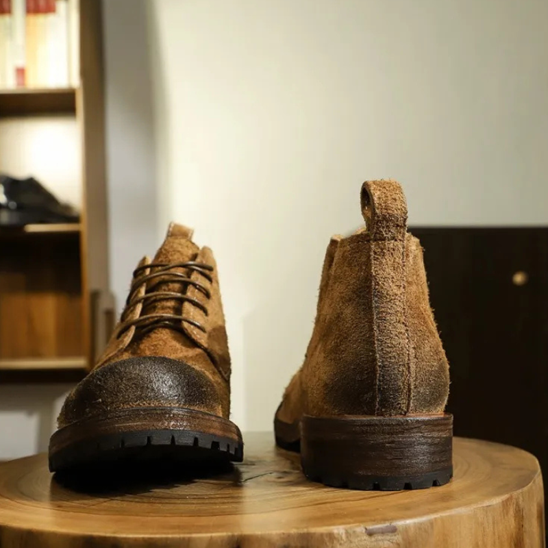 Spring Men Retro Round Toe Mid Heel Genuine Leather Ankle Lace Up Shoes Motorcycle Riding Desert Boots