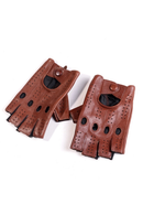 Pair of brown leather gloves with fingerless design on a white background, Obroi