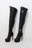 Black high-heeled knee-high boots with detailed design on a white background, Obroi