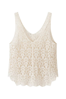 An off-white crochet lace tank top with a V-neckline and scalloped hem, displayed against a solid white background, Obroi