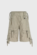 Beige cargo shorts with multiple pockets and straps on a white background, Obroi