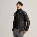 Mens Autumn Multi Pockets Real Coat Zipper Slim Fit Moto Biker Genuine Leather Jacket Windproof Coats
