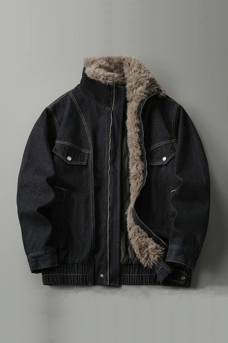 Winter retro stand-up collar velvet denim jacket men's heavyweight thickened warm jacket