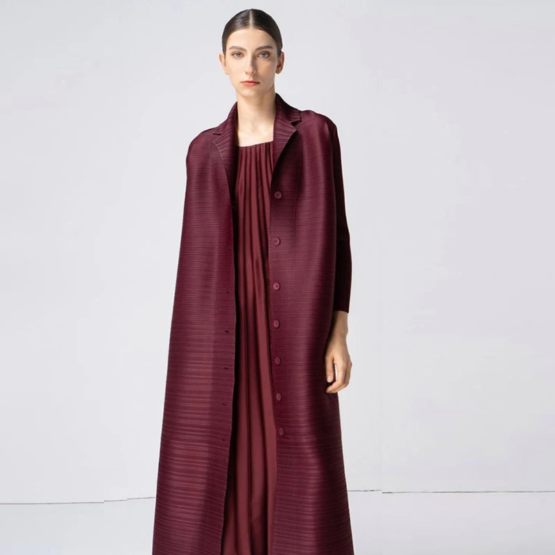 Pleated Three Breasted Dress Women Autumn Winter High Long Cardigan Coats