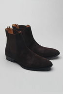 Pair of dark brown suede Chelsea boots on a light gray background, Obroi