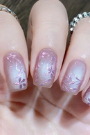 Close-up of a hand with pink floral nail design on nails, Obroi