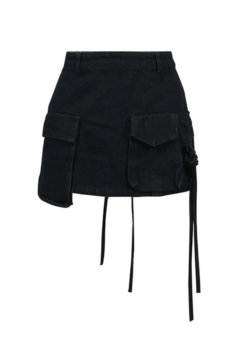 Spliced Pocket Design Women's Skirt High Waisted Spliced Lace Up Slim Fit Casual Style Half Skirt