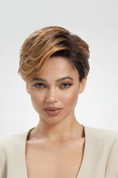 Woman with styled hair against a plain background, Obroi