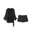 Women Elegant Puff Pleated Shirts Mini Dress Short Two Piece Skirt Set Loose Casual Women Tops