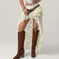 Women Layered Lace Long Skirts Solid Asymmetrical Ruffle Hem Flowy Skirts Boho Skirts