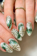 24pcs Autumn Ins False Nails Glossy Almond Xmas Tree Gold Snowflake Christmas Press On Nails