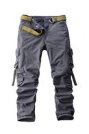 Gray cargo pants with multiple pockets and a belt on a white background, Obroi