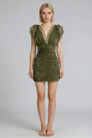 Women's Olive Green Beaded Tulle Mini Dress Deep V Back Ruched Puff Sleeve Party Cocktail Dress