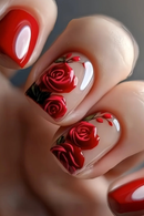 Nails with red rose design on a neutral background, Obroi