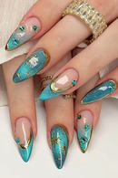 Nails with blue and gold design on a white background, Obroi