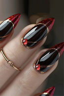 Nails with black and red design on a neutral background, Obroi