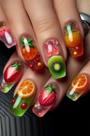 Nails with colorful fruit-themed design including strawberries, oranges, and kiwis, Obroi