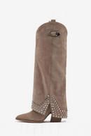 Brown suede boot with rhinestone details on a white background, Obroi