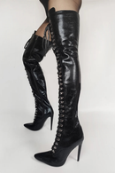 Black lace-up knee-high boots on a white background, Obroi