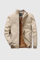 Beige jacket with fur lining on a light gray background, Obroi