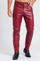 Red leather pants worn by a person on a white background, Obroi